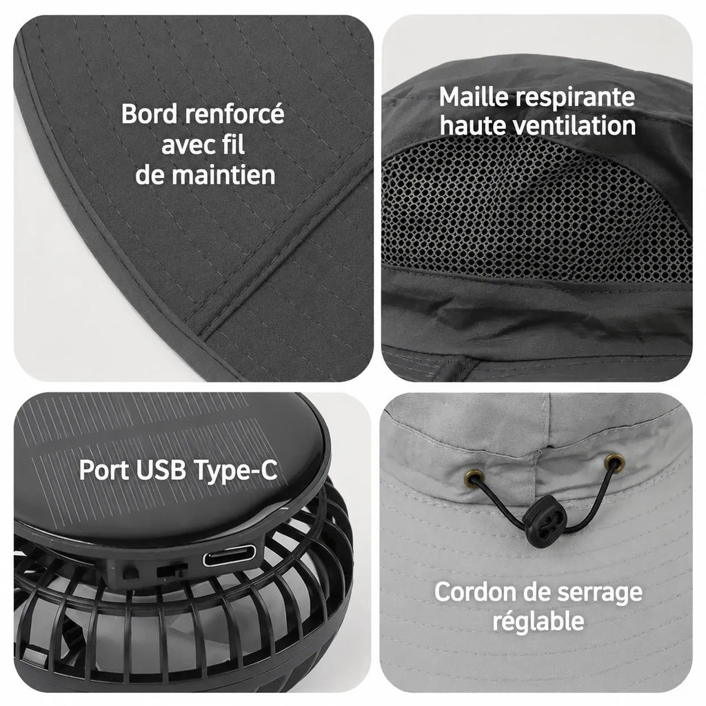 Chapeau avec ventilateur à énergie solaire, Rechargeable par USB
