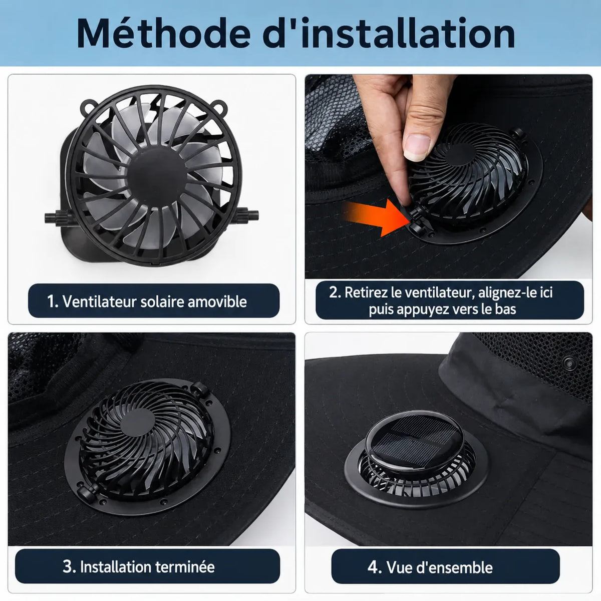 Chapeau avec ventilateur à énergie solaire, Rechargeable par USB