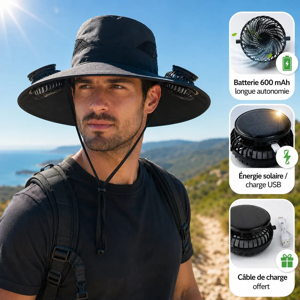 Chapeau avec ventilateur à énergie solaire, Rechargeable par USB