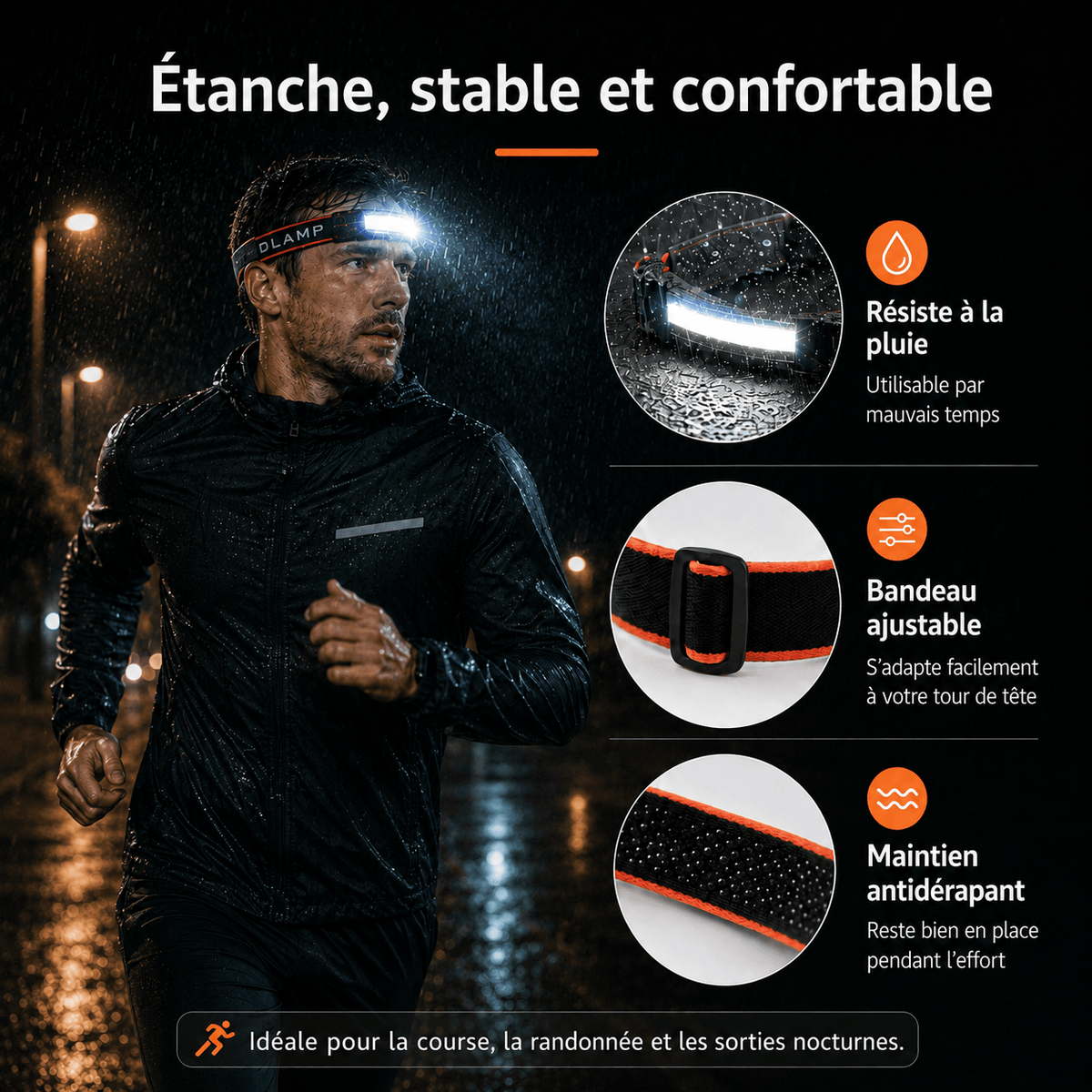 Lampe frontale rechargeable à faisceau large