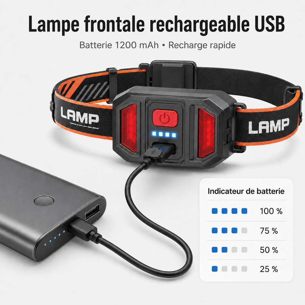 Lampe frontale rechargeable à faisceau large