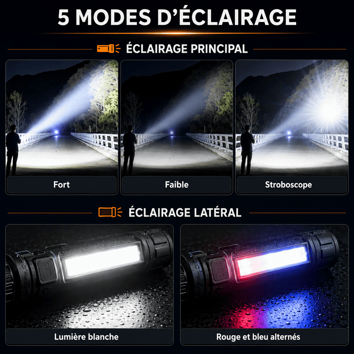 Lampe torche LED puissante avec éclairage latéral