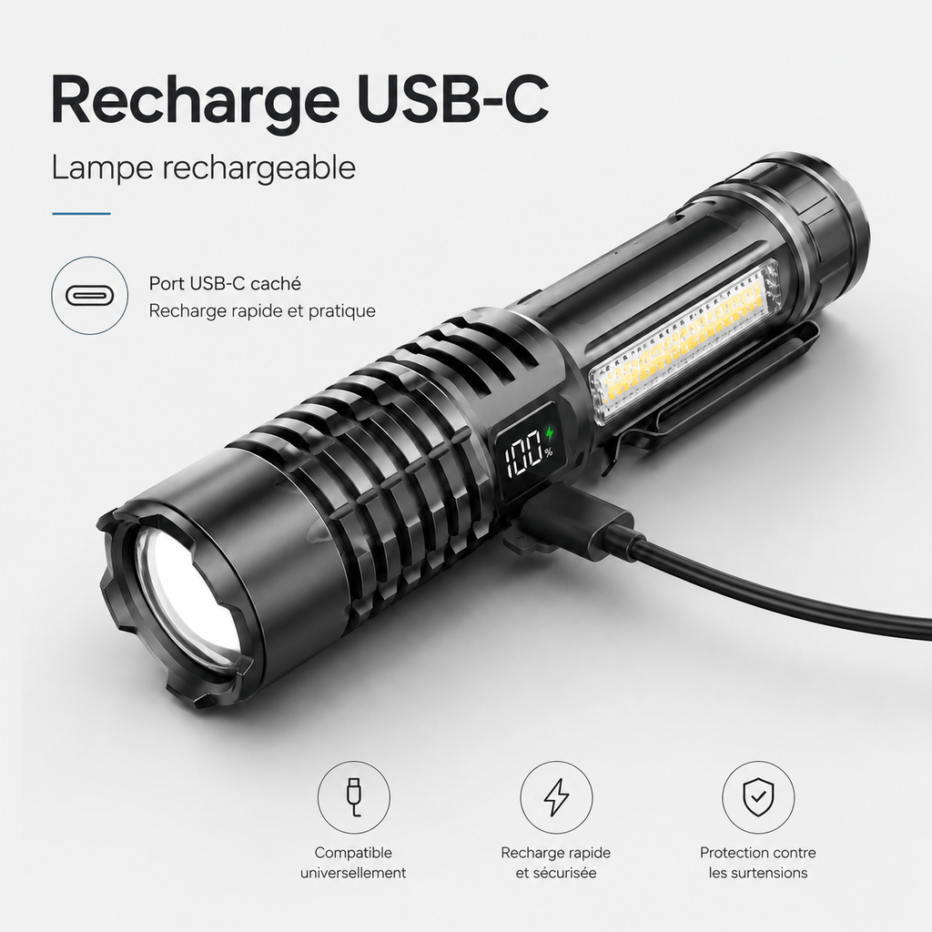 Lampe torche LED puissante avec éclairage latéral