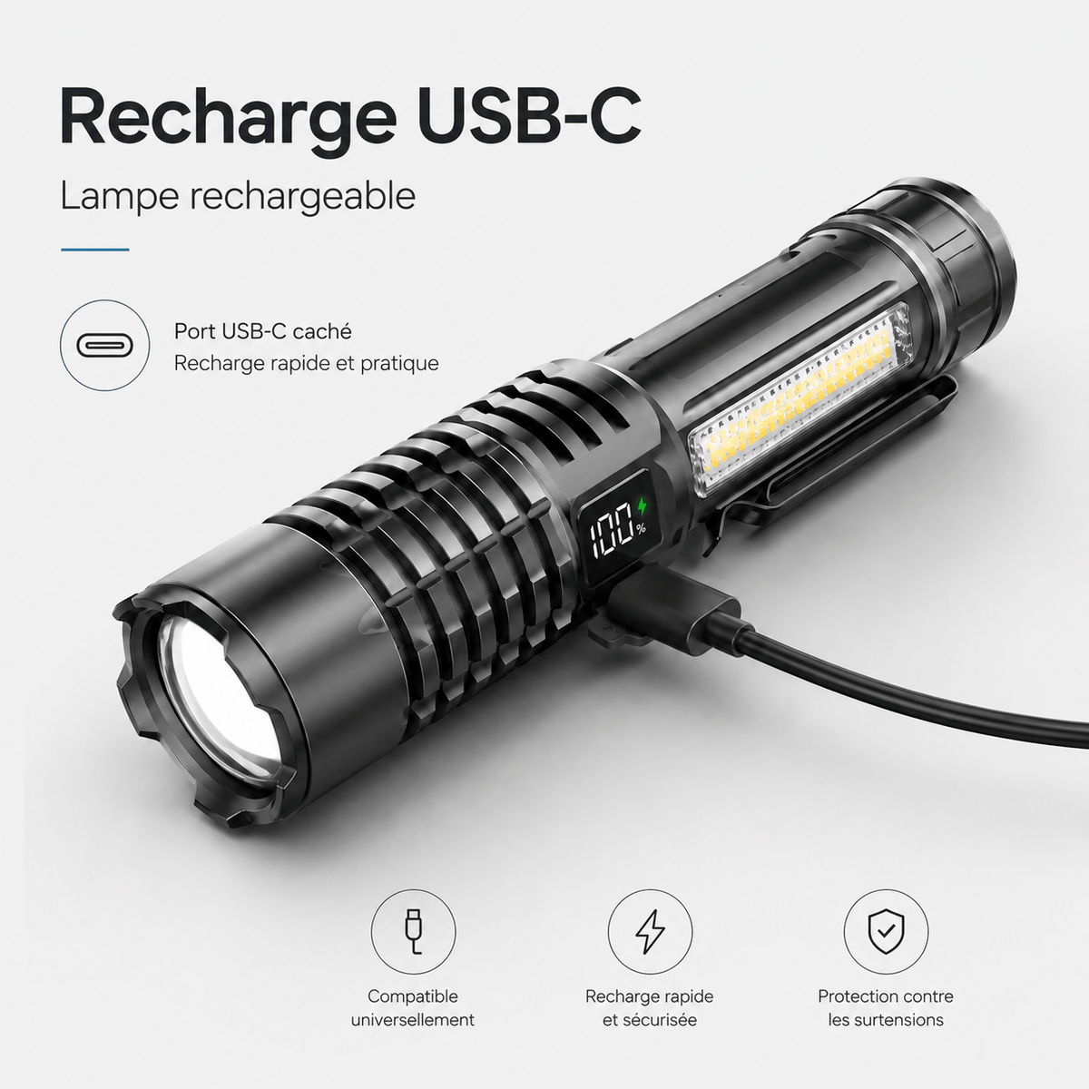 Lampe torche LED puissante avec éclairage latéral