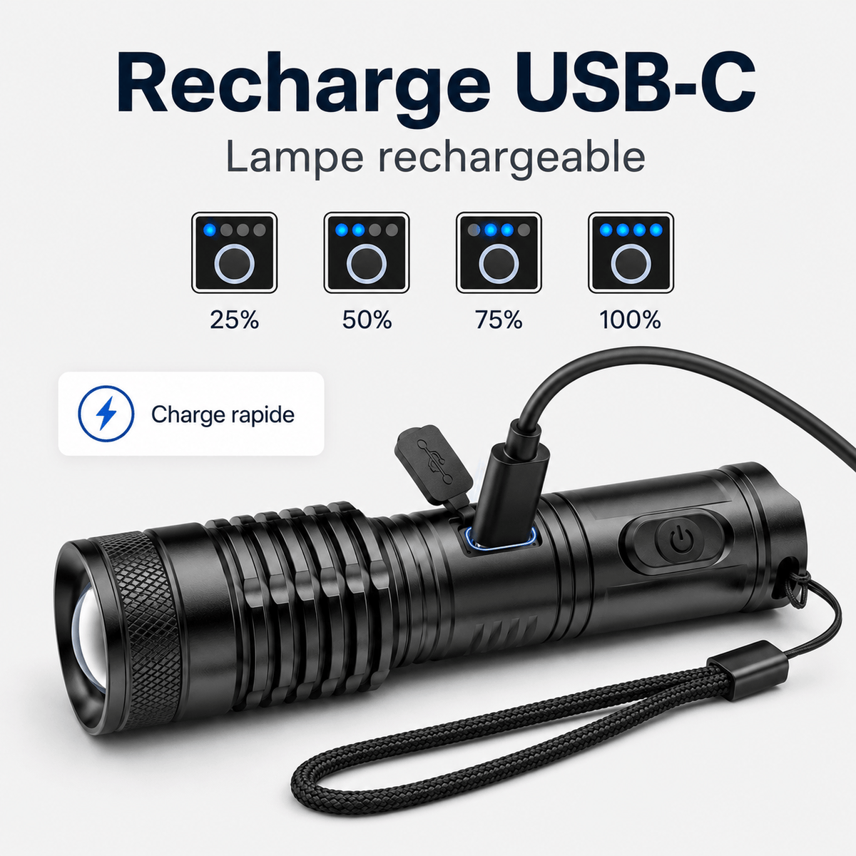 Lampe torche rechargeable à zoom réglable éclairage puissant