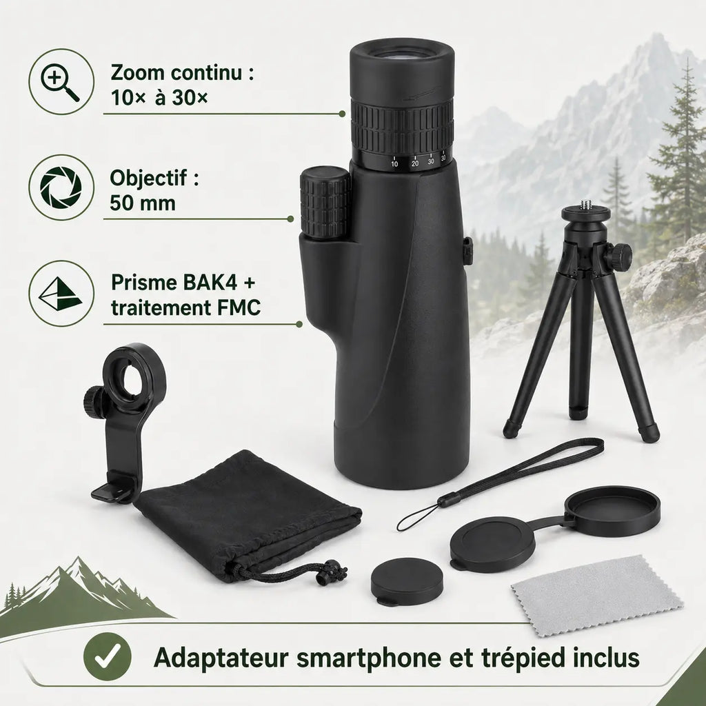 Monoculaire Noir Monoculaire Zoom 10-30x50 Observation Oiseaux et Faune