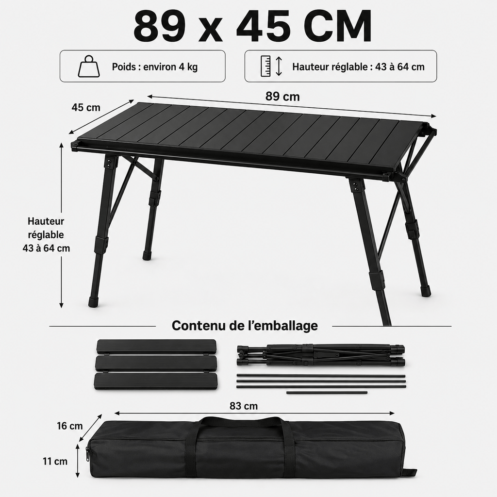 Table camping pliante légère réglable pour repas et bivouac