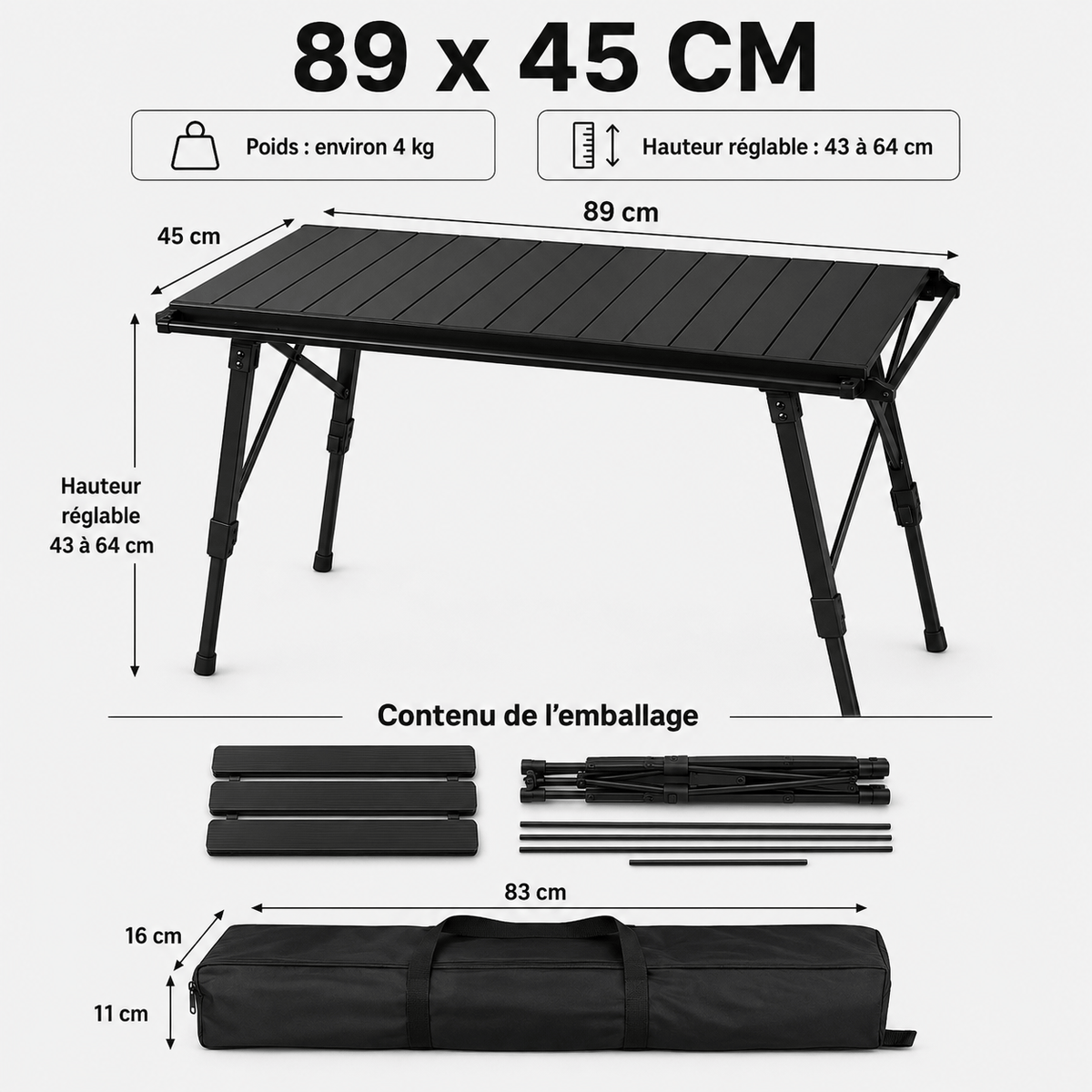 Table camping pliante légère réglable pour repas et bivouac