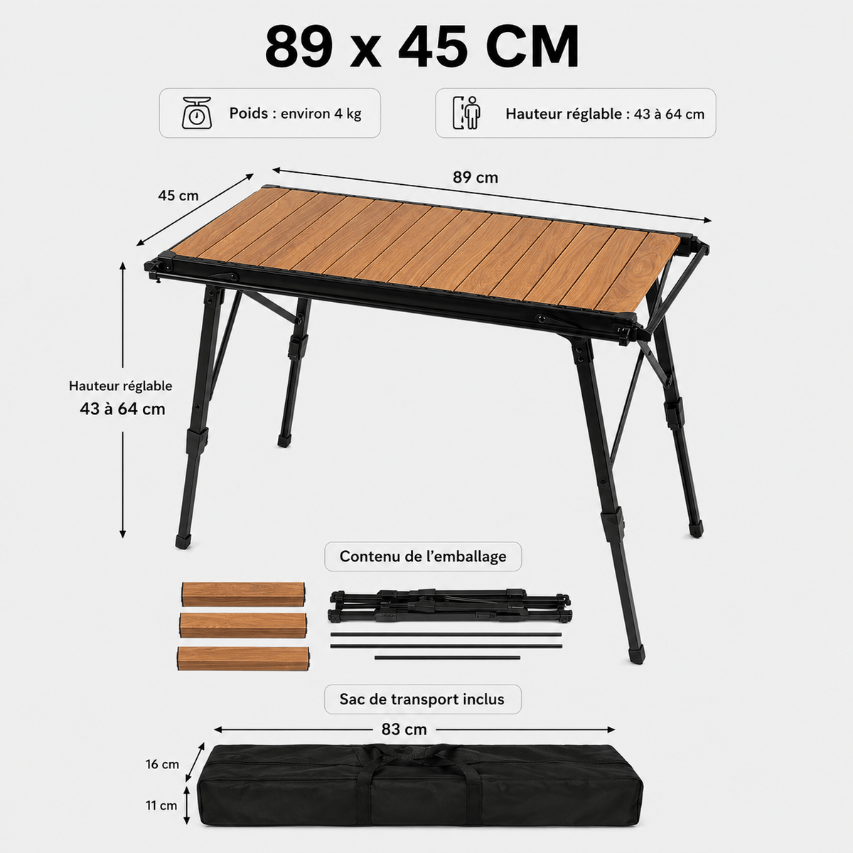 Table camping pliante légère réglable pour repas et bivouac